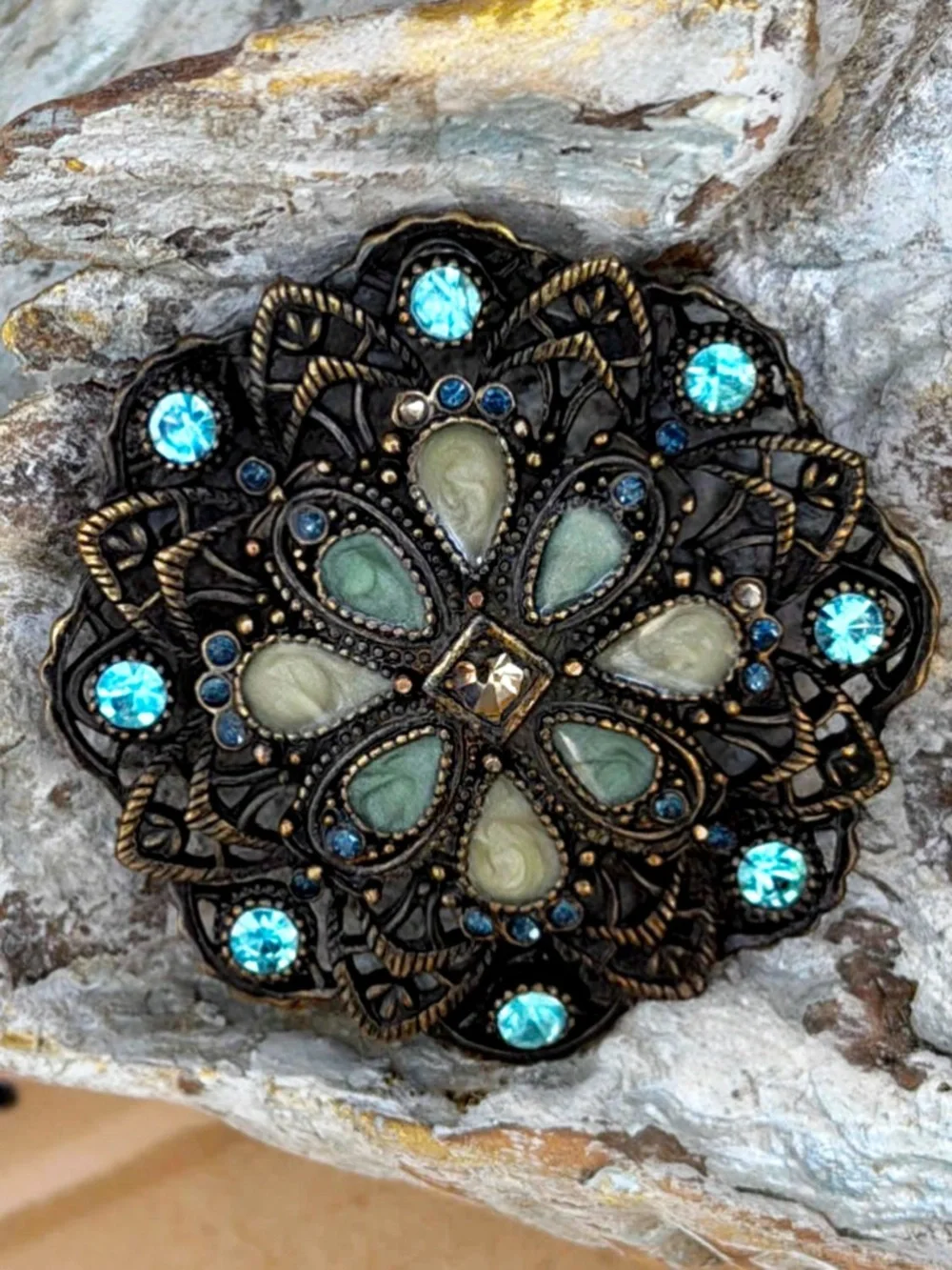 Vintage Filigree Brooch - Blue Rhinestone & Pastel Cabochon Pin